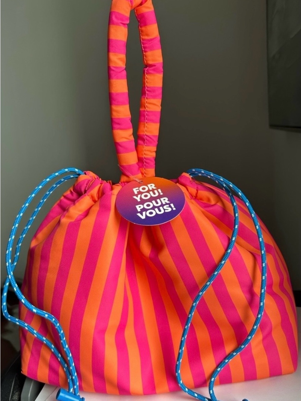 Vibrant Pink & Orange Striped Drawstring Bag